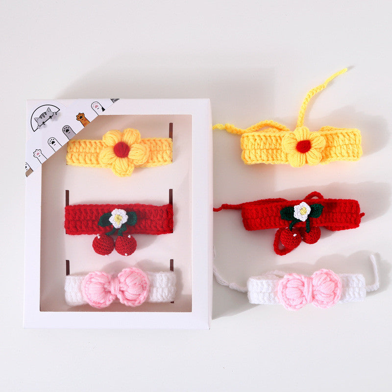 Pet Hand Knitted Wool Cherry Flower Bow Adjustable Cat Dog Cole Duck Collar Accessories Gift Box Small Pink Dog