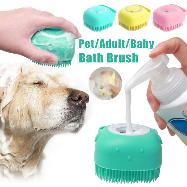 Silicone Dog Bath Massage Gloves Brush Pet Cat Bathroom Cleaning Tool Comb Brush For Dog Can Pour Shampoo Dog Grooming Supplies Small Pink Dog